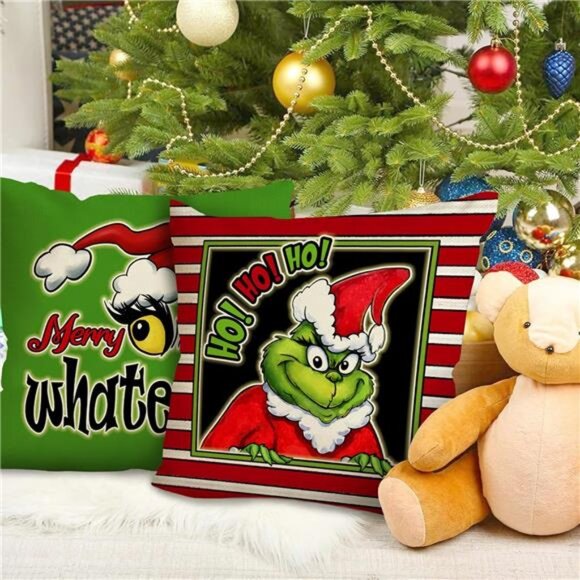 Set of 4 Merry Christmas Whatever Pillow Covers,16x16 Grinch-Themed Cushion Case - Picture 4 of 7